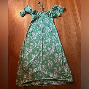 ASOS DESIGN flutter sleeve midi tea dress with tie in green floral, Size 6